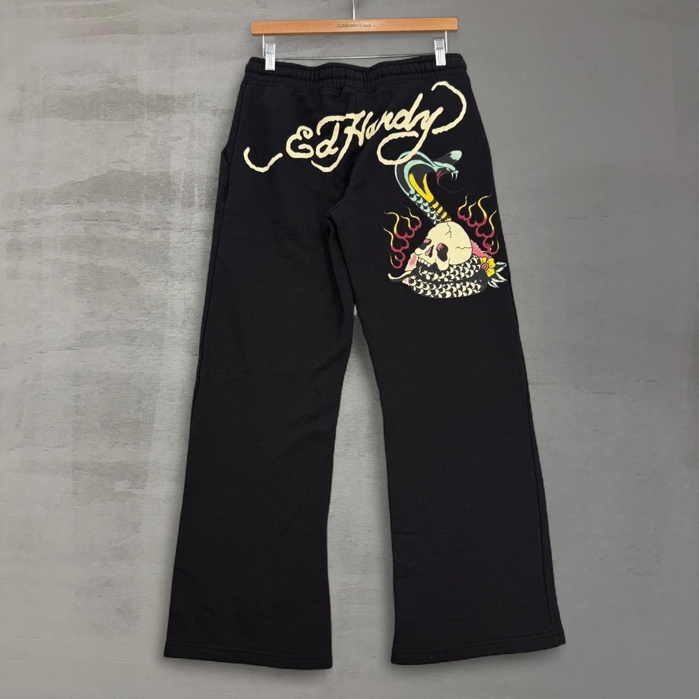 Ed Hardy Sweatpants Y2K Black Skull Snake Tattoo Graphic Flare Wide Leg Medium